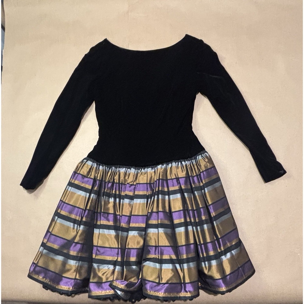 Vintage Bill Blass Evening Dress Sz 6 Black Velvet Metallic Striped Taffeta 80s - Picture 7 of 10